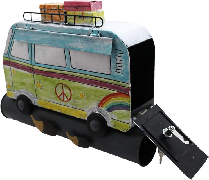 Briefkasten Postkasten Metall bemalt,Wandbriefkasten mit Zeitungsrolle A4, (Hippie Bus bunt), Hippie