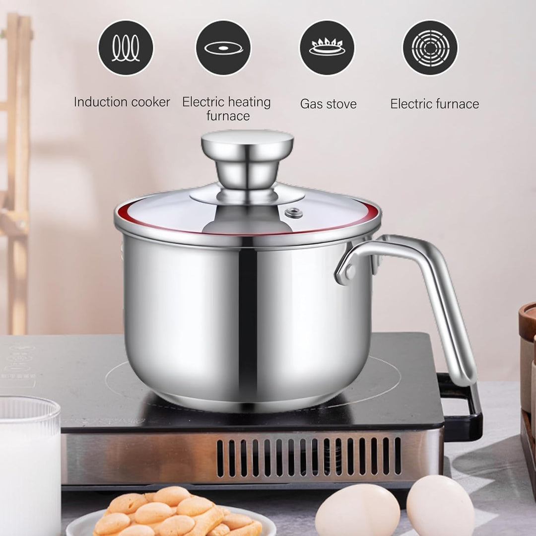 Kochtopf 1,75 L Edelstahl mit Glasdeckel, 16 cm Milchtopf Doppelwandig für Induktion, Simmertopf, Wa