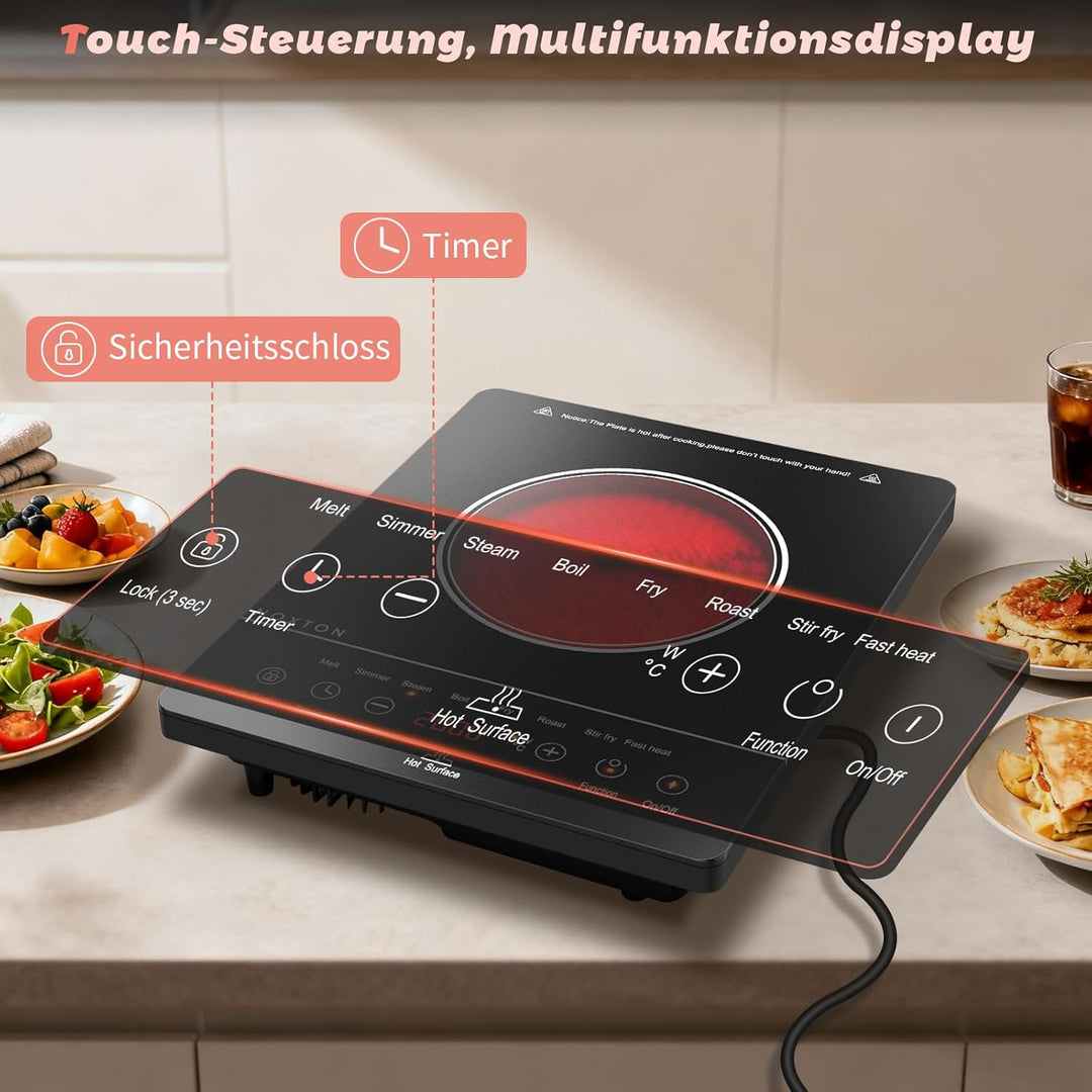 NOXTON Induktionskochfeld Einfeld 9 Leistungsstufen 2000W, Touch-Control mit LED-Display, 4h Timer,