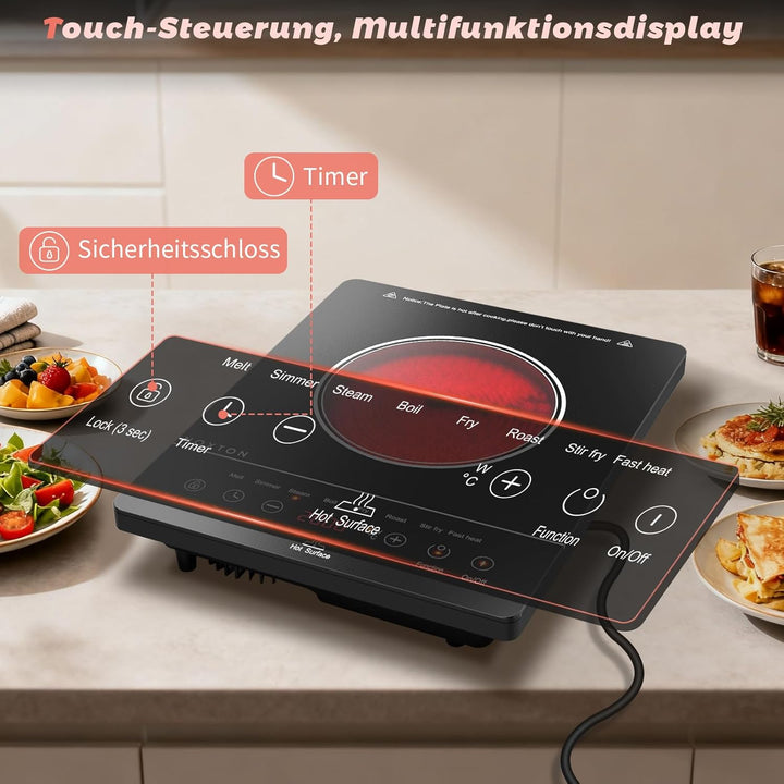 NOXTON Induktionskochfeld Einfeld 9 Leistungsstufen 2000W, Touch-Control mit LED-Display, 4h Timer,