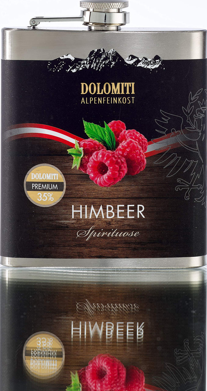 DOLOMITI Himbeer Schnaps Flachmann - Himbeer Premium Spirituose 35% vol. - robuster, edler Flachmann
