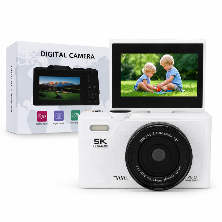 5K 75MP Digitalkamera mit 18 facher Optischer Zoomstabilisierung, 3 Zoll Flip Bildschirm, Retro Digi