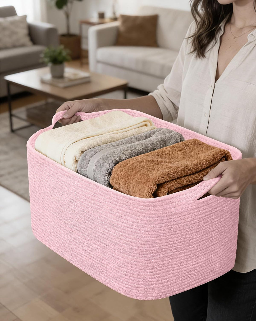 JOJOSEE Faltbarer Wäschekorb 63L Grosse Aufbewahrungskorb Hellrosa | Geflochten Laundry Baskets mit