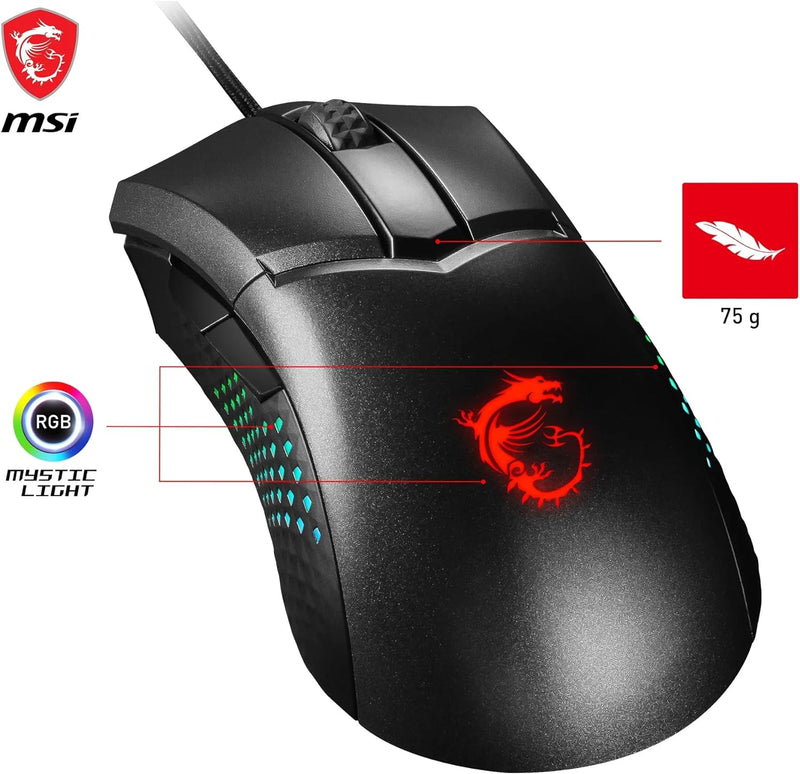 MSI Clutch GM51 Lightweight Gaming Maus - 26.000 DPI Optischer Sensor, 650 IPS, symmetrisch, 60Mio+