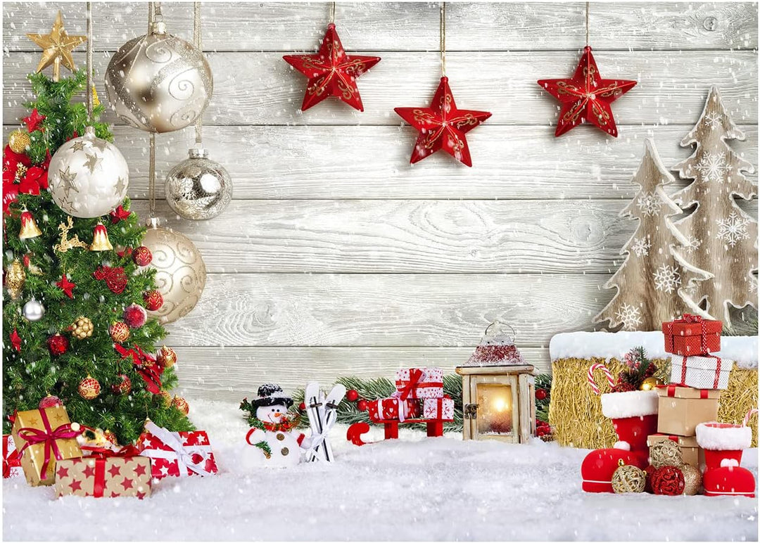 AIIKES 8x6FT Weihnachtshintergrund Weihnachtsbaum Geschenk Hintergrund Weiss Holzbrett Schneeflocke