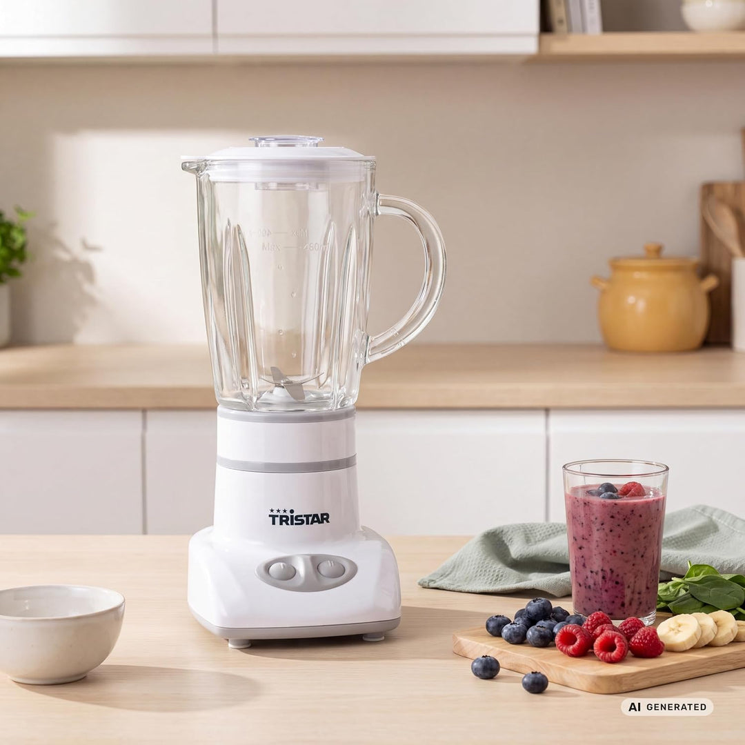 Tristar BL-4431 Mixer – Edelstahlklingen – 2 Geschwindigkeiten - 450 ml Glaskanne - Kompakt