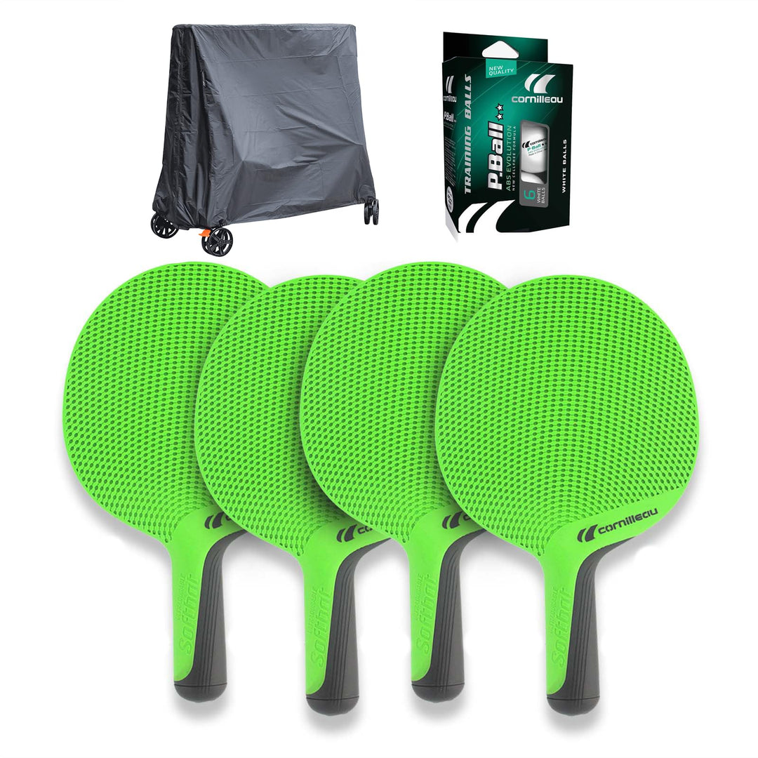 CORNILLEAU - 4 x Outdoor-Schläger + 1 x Tischhülle Premium Plus + 2 x Tischtennisbälle - Family Pack