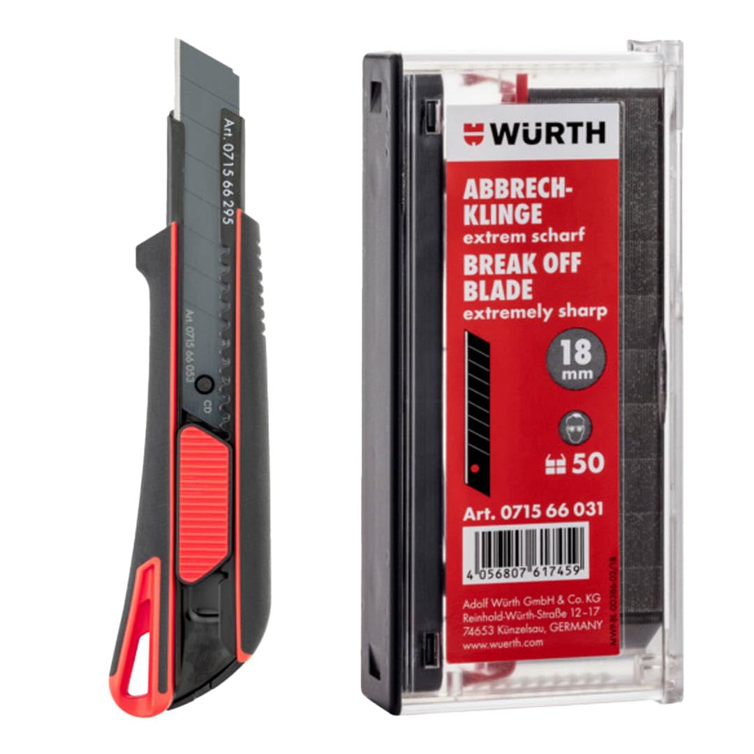Würth Cuttermesser 071566295 Teppichmesser 18mm inkl. 3 Abbrechklingen und 50 zusätzlichen 18mm Abbr