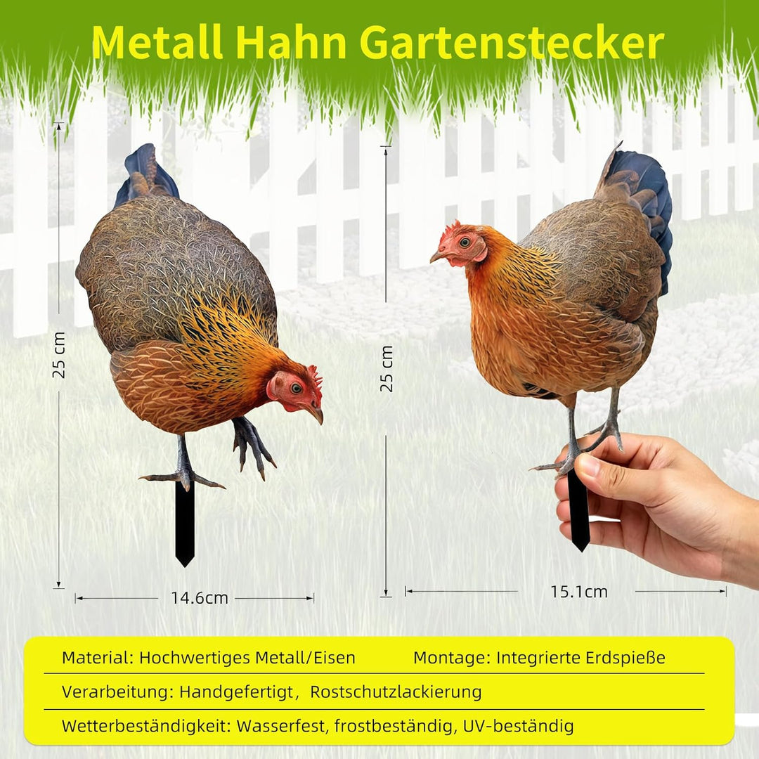 2er Set Metall Henne Gartenstecker, Gartendeko Metall Hühner Figuren für draussen, wetterfeste Handa
