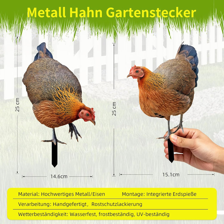 2er Set Metall Henne Gartenstecker, Gartendeko Metall Hühner Figuren für draussen, wetterfeste Handa