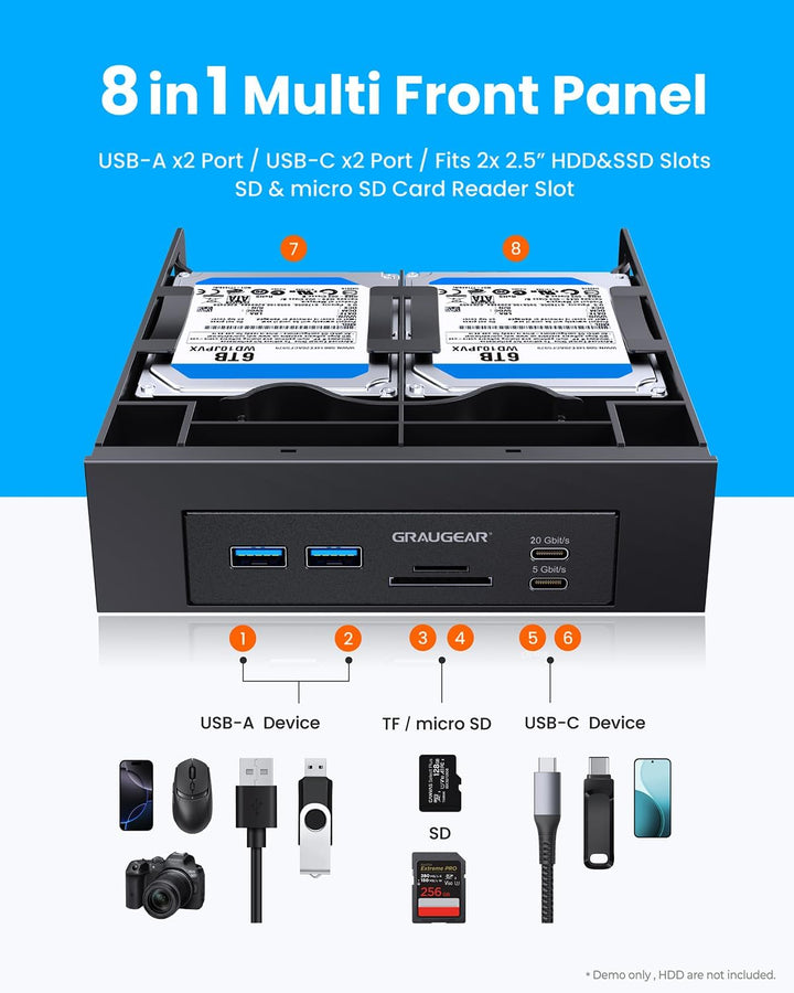 GRAUGEAR 5,25 Zoll PC Frontpanel m. SD Kartenleser &amp; HUB &amp; SSD Einbaurahmen
