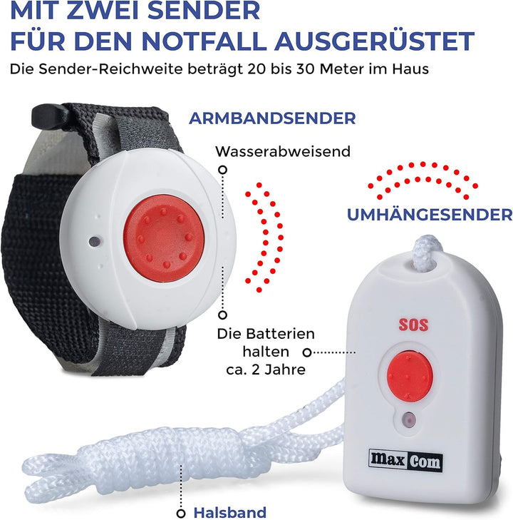 Maxcom KXTSOS: Seniorentelefon, schnurgebundenes Festnetztelefon mit 2 Armband- und 2 Umhängesender,