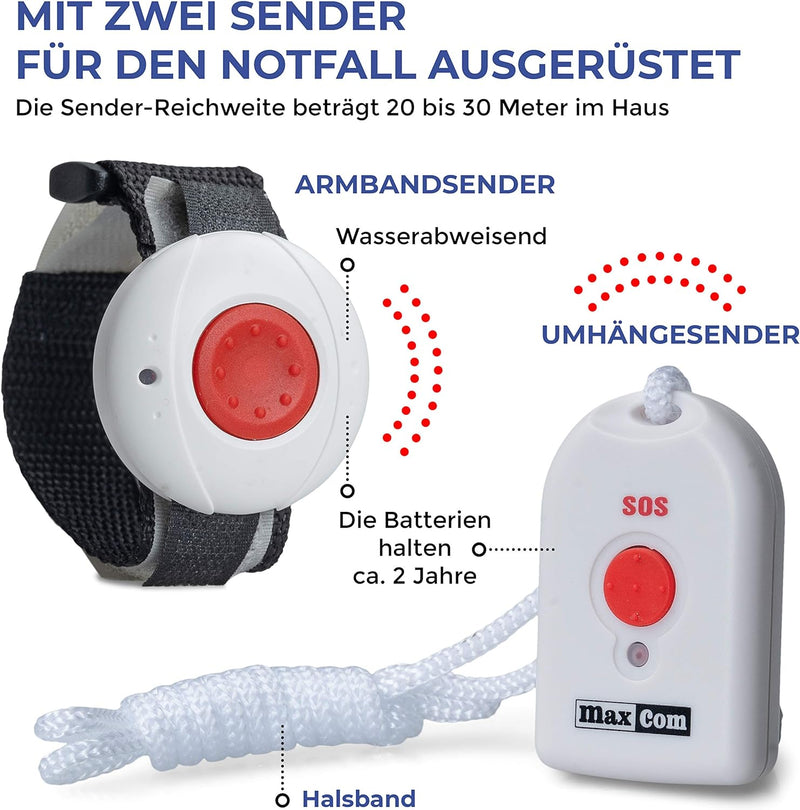 Maxcom KXTSOS: Seniorentelefon, schnurgebundenes Festnetztelefon mit 2 Armband- und 1 Umhängesender,