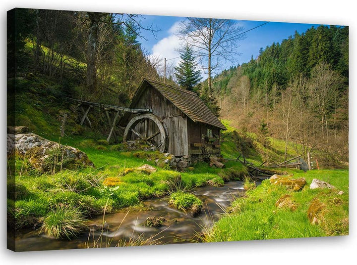 Feeby Bild auf Leinwand Bach Kunstdruck modern Hütte Grün 80x60 cm