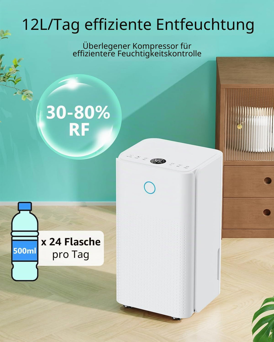 Luftentfeuchter 12L/24h, Elektrischer Entfeuchter mit Kompressor, 3 Modi, Leise und Energiesparend,