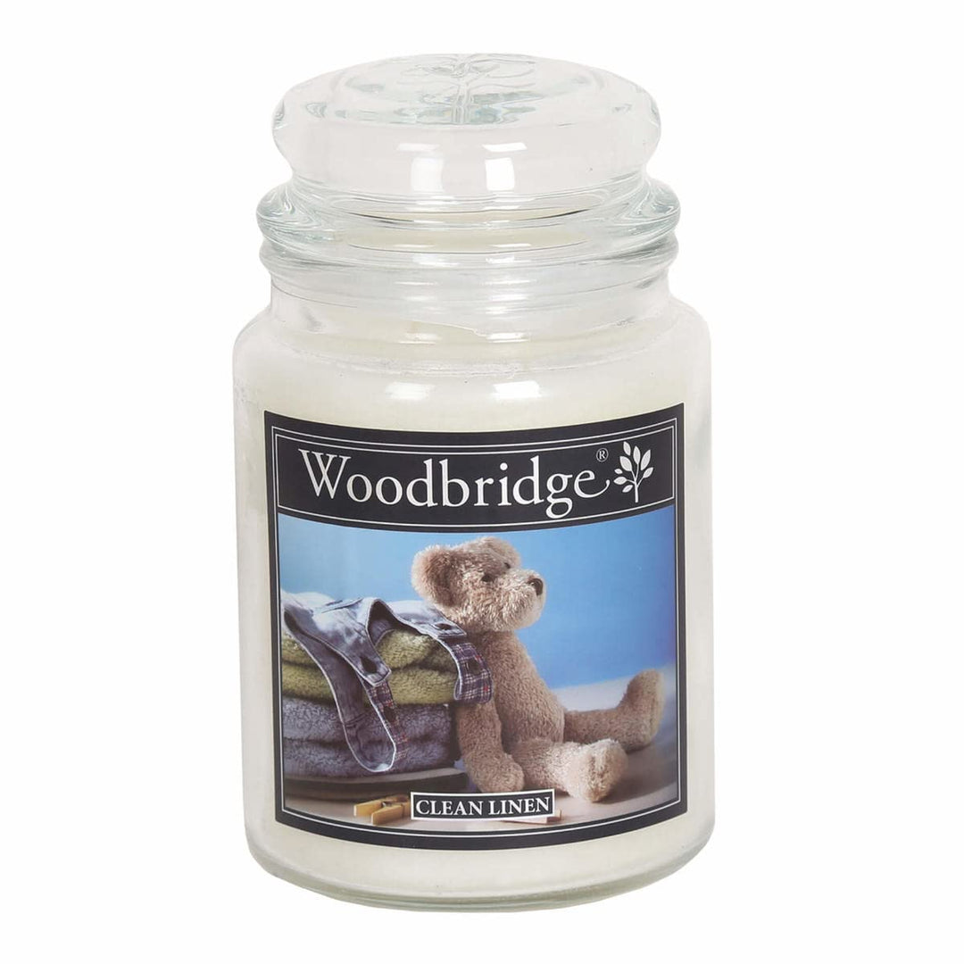 Woodbridge Grosse Duftkerze im Glas mit Deckel | Clean Linen | Duftkerze Frisch | Kerzen lange Brenn
