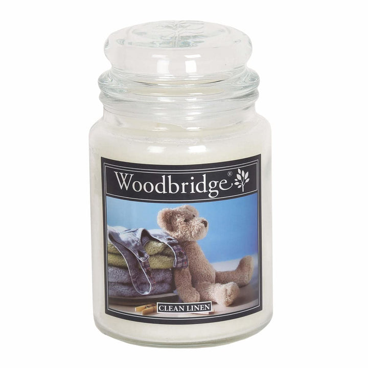 Woodbridge Grosse Duftkerze im Glas mit Deckel | Clean Linen | Duftkerze Frisch | Kerzen lange Brenn