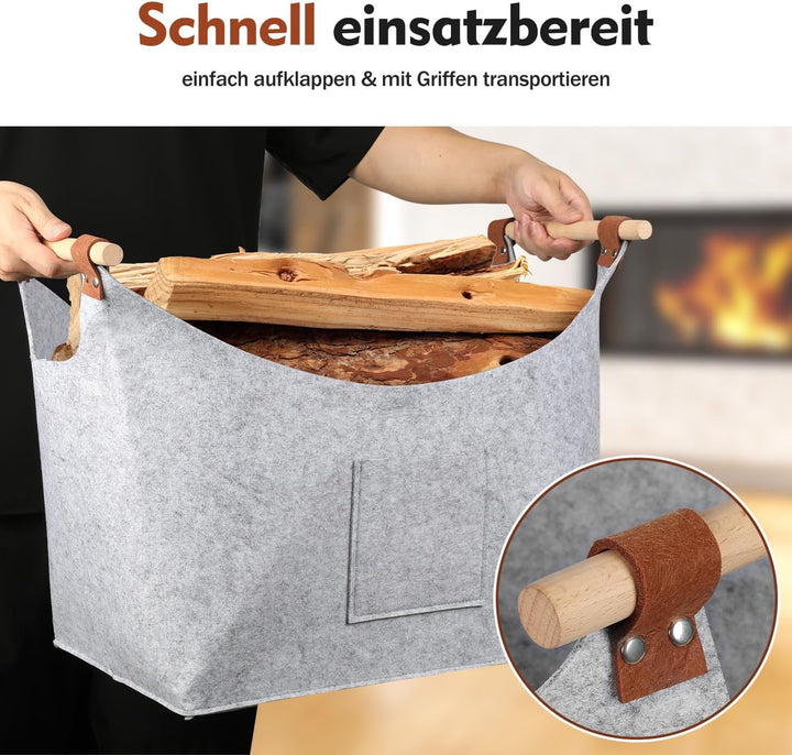 Grosser Feuerholz-Korb aus 5mm starkem rPET Filz - Holzgriffe &amp; wasserabweisend für Gartenholz Lager