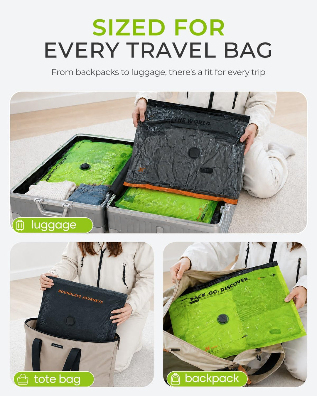 Vacbird 10 Stück Vakuumbeutel für Kleidung mit kabelloser Vakuumpumpe, 4 x 40x54cm, 4 x 47x64cm, 2 x
