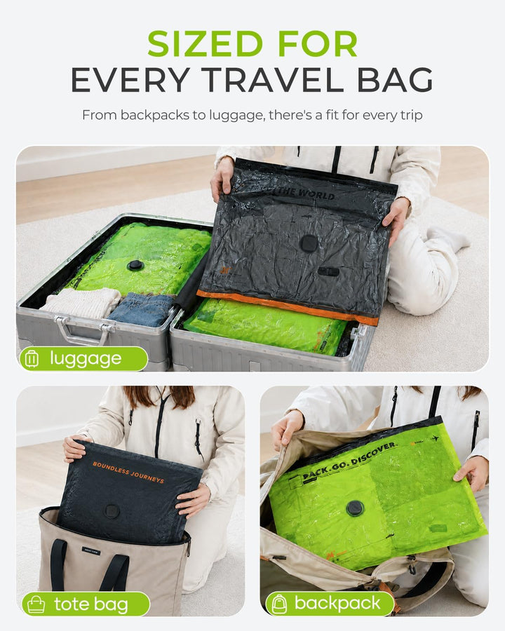 Vacbird 10 Stück Vakuumbeutel für Kleidung mit kabelloser Vakuumpumpe, 4 x 40x54cm, 4 x 47x64cm, 2 x