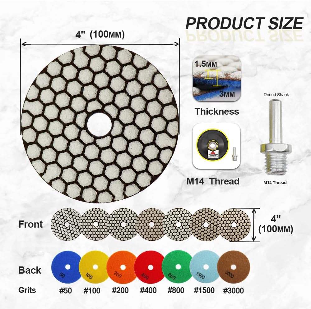 Trocken Diamant Polierpad 100mm 8 Stücke Körnung 50x3/100x2/200/400/800 Polierscheiben mit M14 Stütz