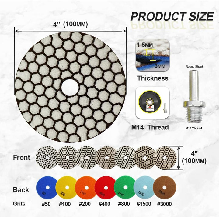 Trocken Diamant Polierpad 100mm 8 Stücke Körnung 50x3/100x2/200/400/800 Polierscheiben mit M14 Stütz