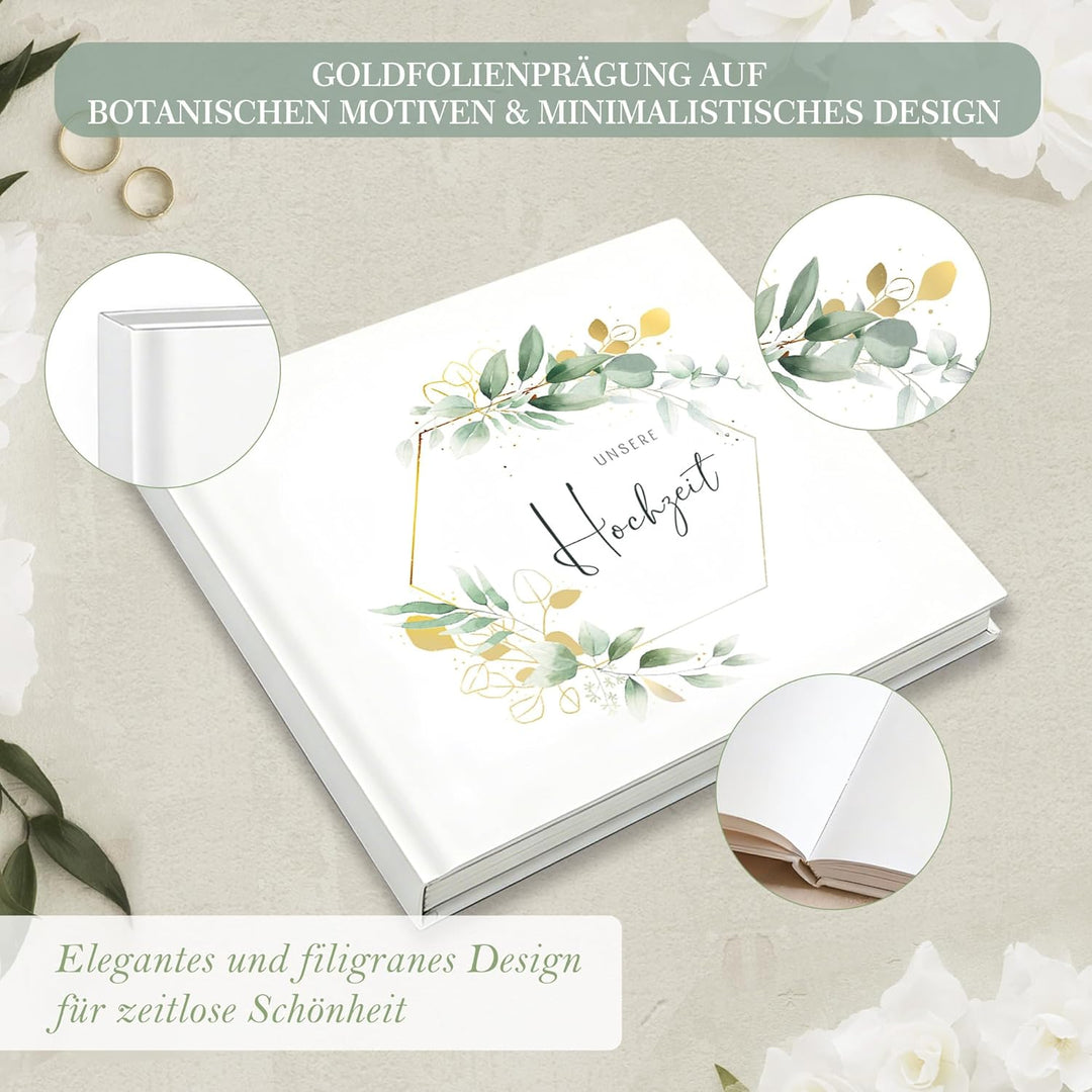 Marvelights Hochzeitsgästebuch, Gästebuch Hochzeit, 120 Seiten Blanko, Hardcover mit Goldprägung, ho