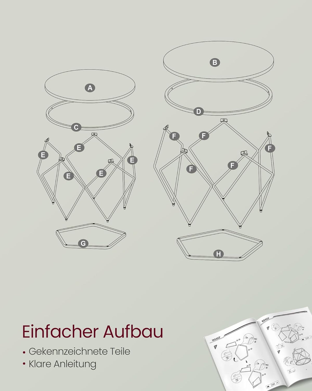 VASAGLE Couchtisch rund, 2er Set, Wohnzimmertisch, Beistelltisch, modern, abnehmbare Tischplatte, fü