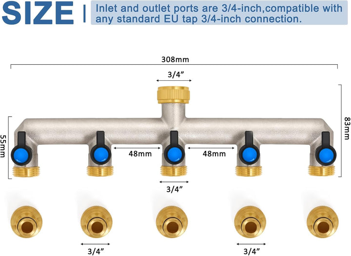 5-Wege Wasserhahn Wasserverteiler aus Messing für 5 Geräte/Gartenschläuche, 5er Verteiler 3/4" Adapt