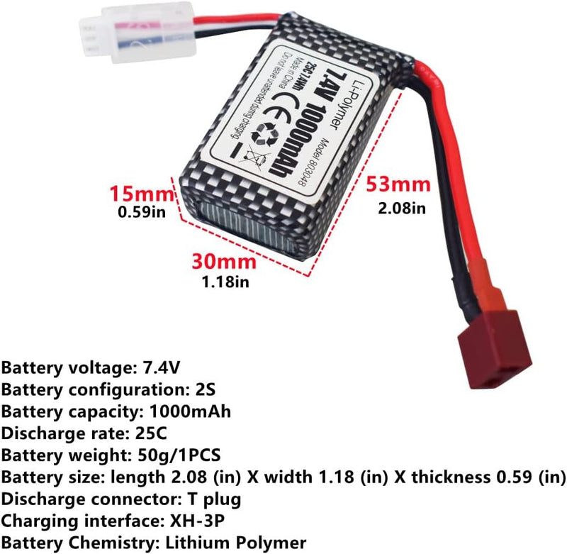 2PCS 7,4V 1000mAh T-Stecker-AKKU+ 2-in-1-Ladegerät für 18858 18859 18859A 18859E HM163 HM164 35-DJ03