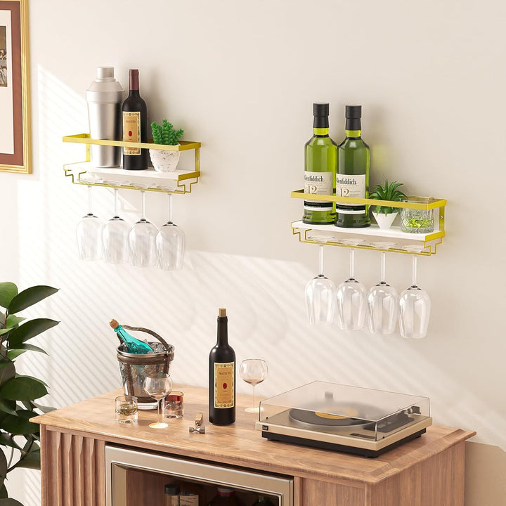 B4Life Wandmontierte Weinregal mit Glashalter, 2er Set Weinglasregal Holz, Vintage Flaschenregal aus
