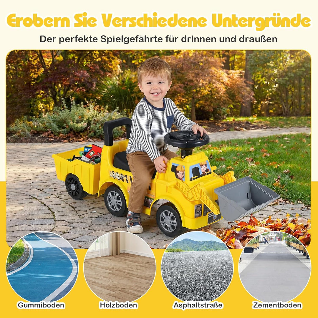 COSTWAY Sitzbagger mit Schaufel & abnehmbarem Anhänger, Kinderbagger mit Stauraum unter dem Sitz, Hu