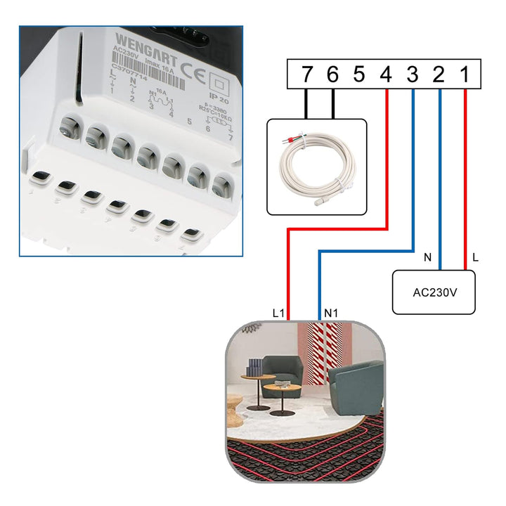 Wengart Elektro-Heizungsthermostat WG806, Ausgang 230V 16A, 7 Tage Programmierbar, Digitalanzeige, G