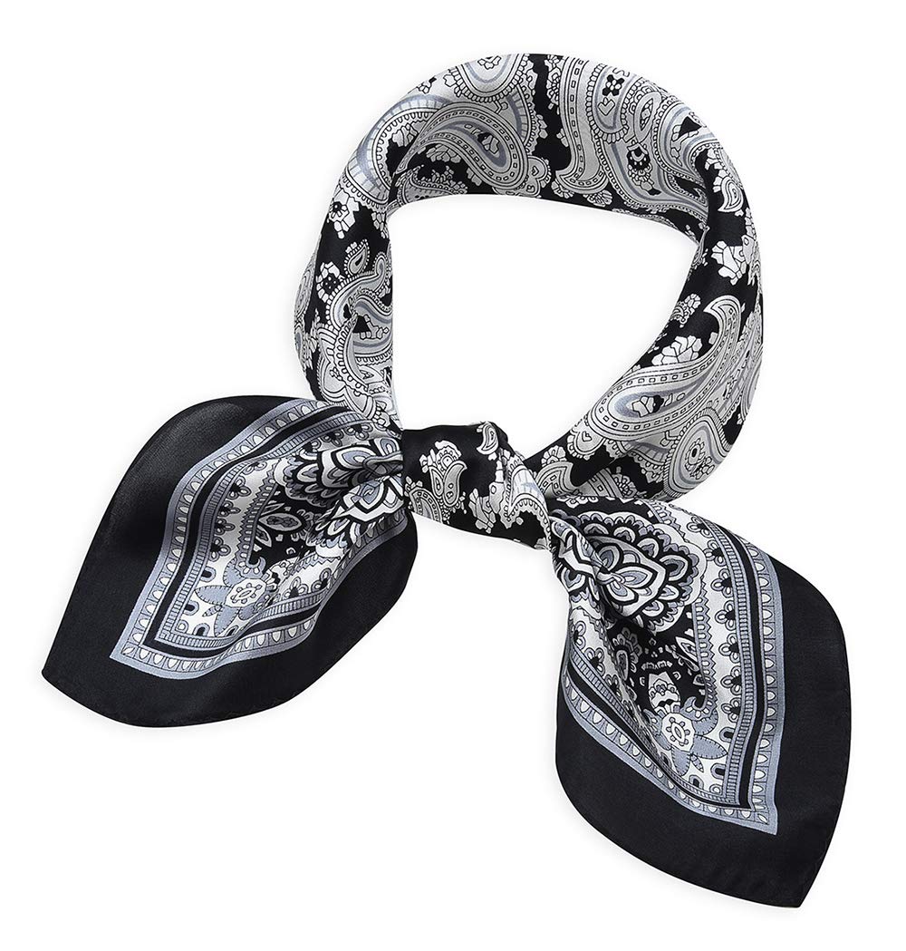 Corciova Damen Halstuch, 100 % Maulbeerseide, quadratisch, klein Paisley Weiss und Schwarz, Paisley