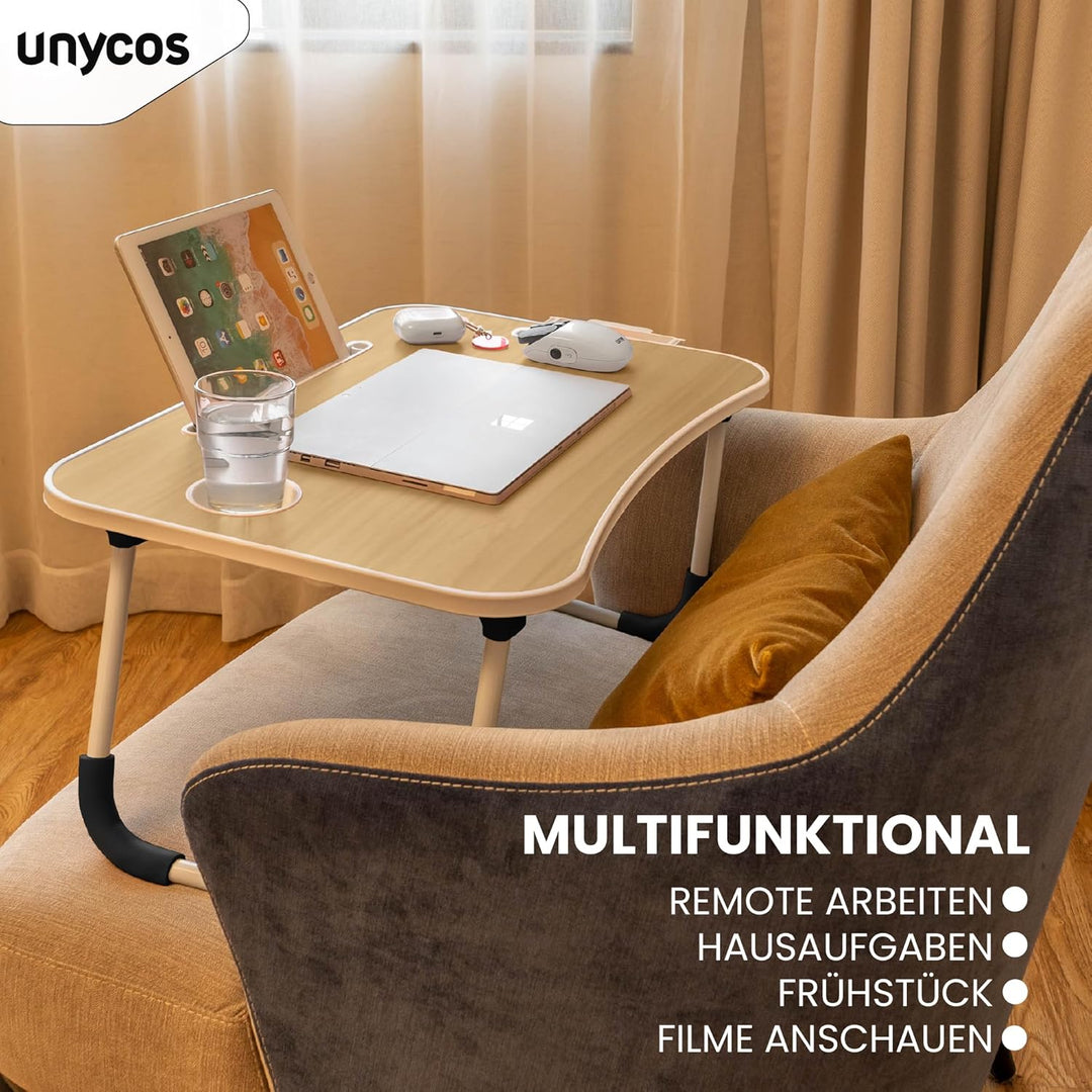 unycos - Betttablett Klappbar, Frühstückstablett mit Griff und Getränkehalter, Serviertisch, Ideal f