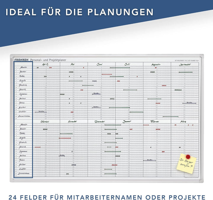 FRANKEN Personal- & Projektplaner über 12 Monate mit 24 Positionen, lackiert, magnetisch, beschreibb