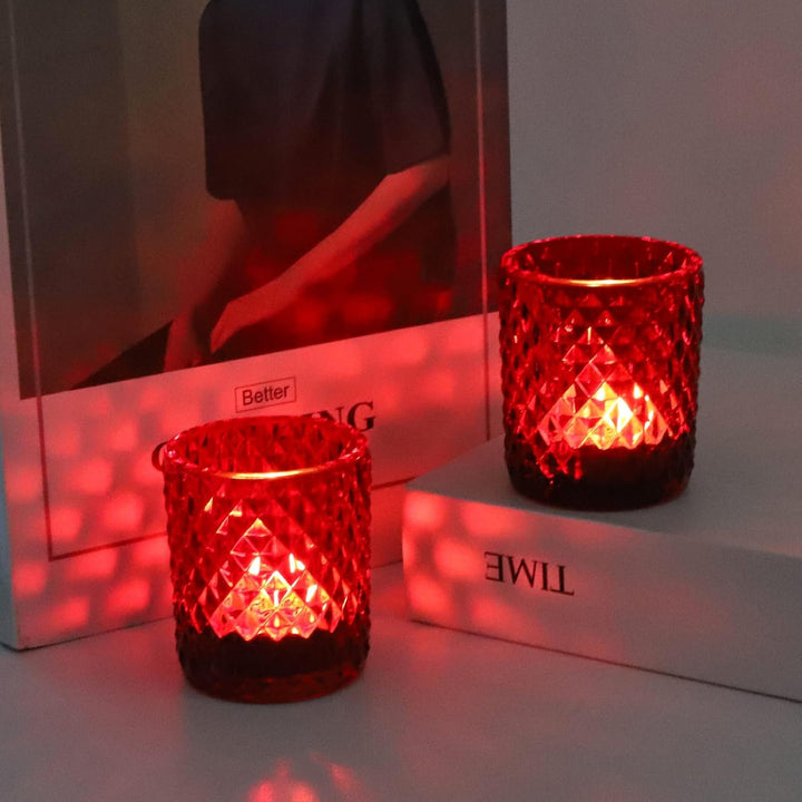 Rote Teelichter Gläser mit 12, Teelichthalter Glas für Tischdekorationen bei Hochzeiten, Rautenmuste