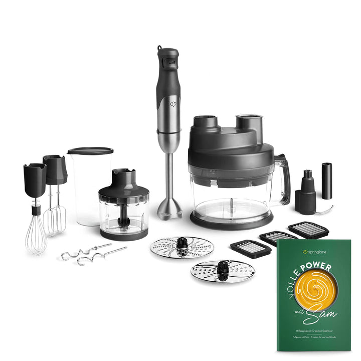 SPRINGLANE Edelstahl Stabmixer Set Sam 800 W, Pürierstab, Behälter mit Deckel, Zerkleinerer, Schneeb