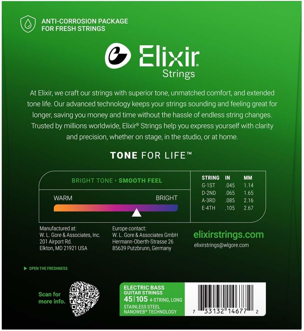 Elixir 14677 Saiten Stainless-Steel 4-str. E-Basssaiten mit NANOWEB Beschichtung, Long Scale, Light/