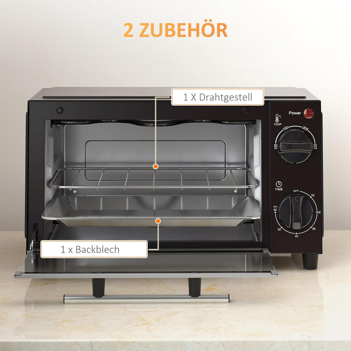 HOMCOM Mini Backofen 9 L 750W 100-230℃ 60 Min. Timer inkl. Backblech, Grillrost, Glas Fenster, Platz