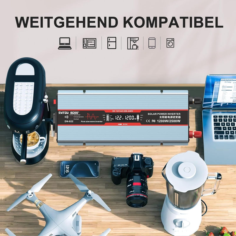DATOUBOSS 1200W Wechselrichter 12V Auf 230V Reiner Sinus Spannungswandler Spitzenleistung 2500W Mit