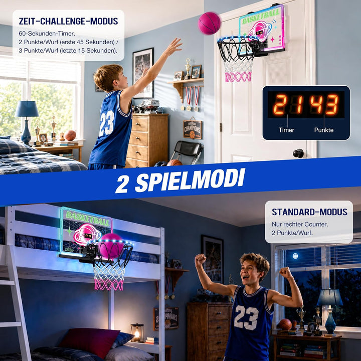 ROPODA Basketballkorb Indoor für Kinder, Mini Basketballkorb mit LED-Licht, Fernbedienung &amp; Anzeiget