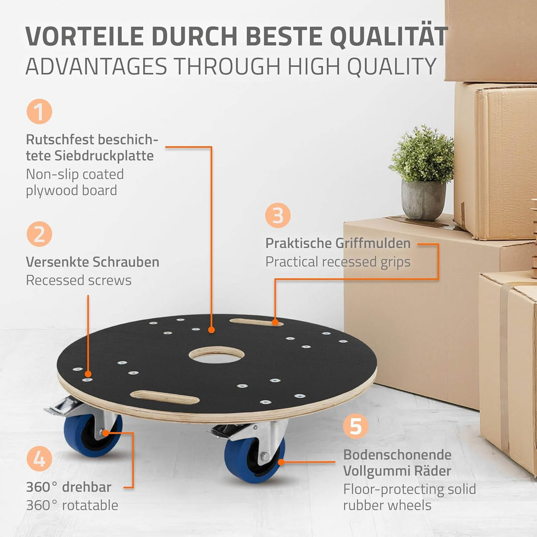 ECD Germany Transportroller rund Ø57x14,5 cm mit Siebdruckplatte und 2 gebremsten Rollen, 800kg Trag