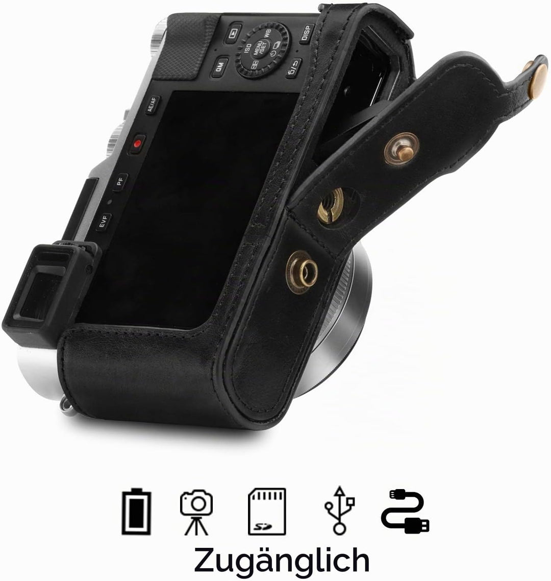 MegaGear MG1605 Leica D-Lux 7 Ever Ready Echtleder Kamera-Case mit Trageriemen - Schwarz, Schwarz