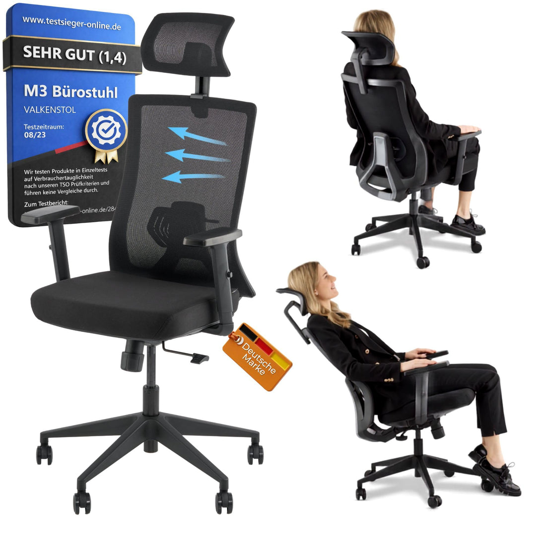 VALKENSTOL M3 Komfort Ergonomischer Bürostuhl 150 kg – [Höhenverstellbare Lordosenstütze] Schreibtis