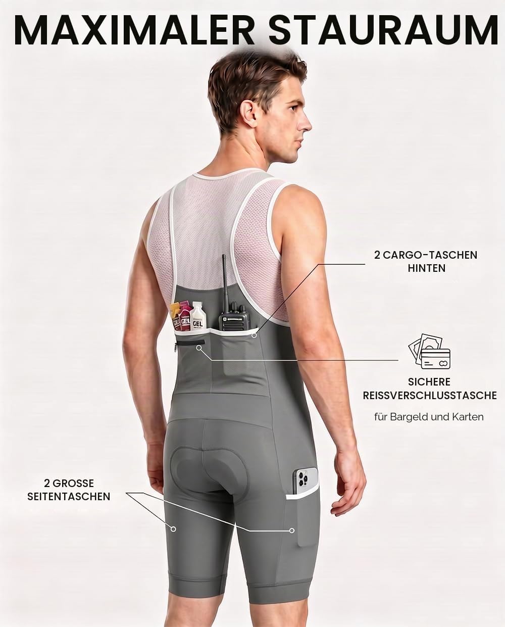 CEROTIPOLAR Radhosen für Herren, Lange Polsterung, Fahrrad-Bib-Shorts UPF50+ S Gray, S Gray