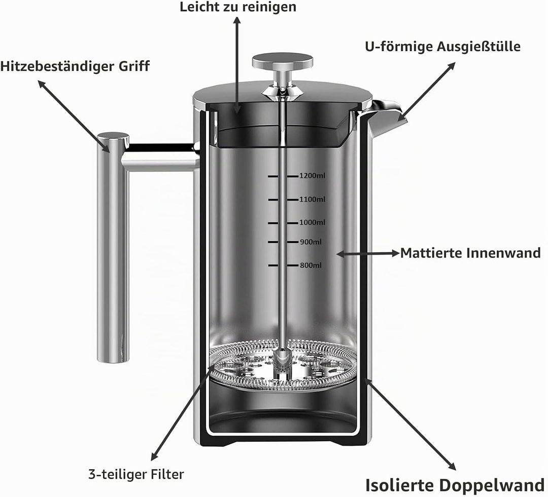 MaxMiuly Kaffeebereiter French Press 1,5 Liter Kaffeezubereiter aus Edelstahl, Doppelwandig Isoliert