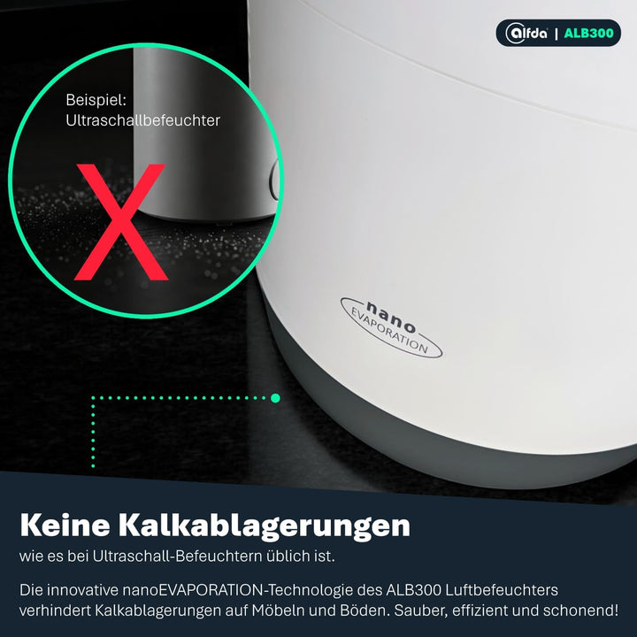 alfda Luftbefeuchter ALB300 mit hygienischer nanoEVAPORATION Technologie - bis zu 44 m², max. 300ml/