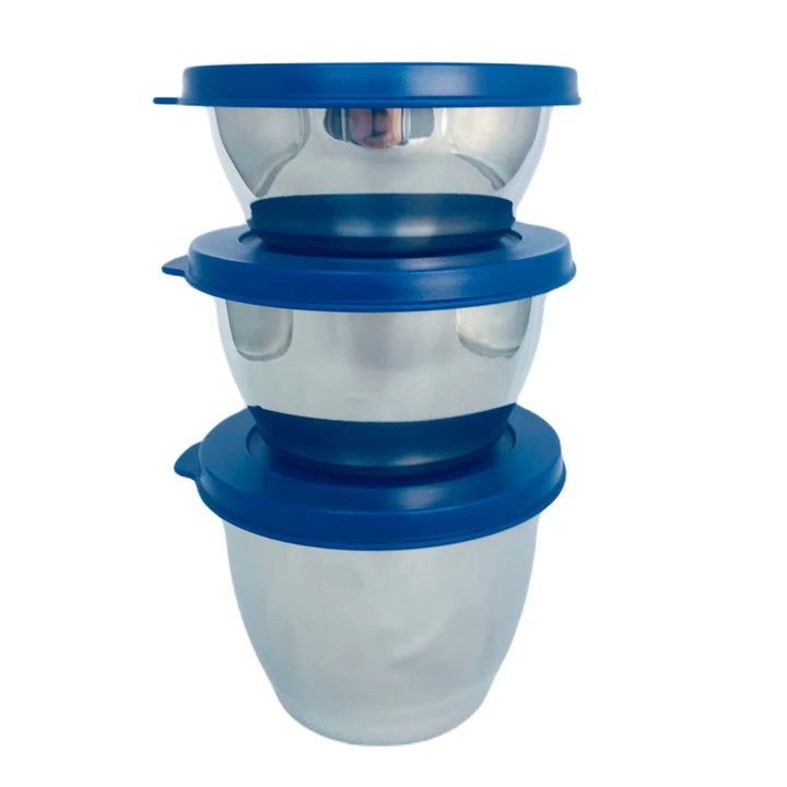 Tupperware SET (3) Tiffin 200 ml + 300 ml + 450 ml Edelstahl metall silver dunkel blau Deckel - Clea