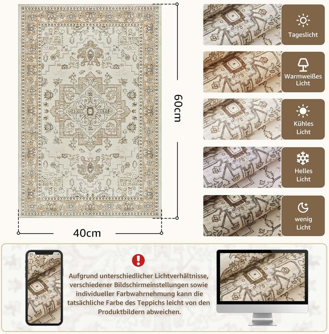 TOPICK waschbar Fussmatte innen Vintage Schmutzfangmatte Indoor 40x60 Beige | Orientalisch Eingangst